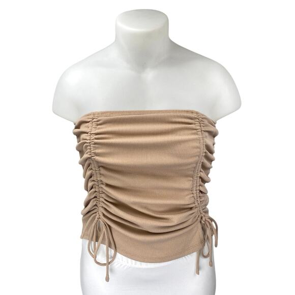 Princess Polly Beige Tan Strapless Sleeveless Ruched Tie Bandeau Tube Tank Top 8 - Picture 1 of 4